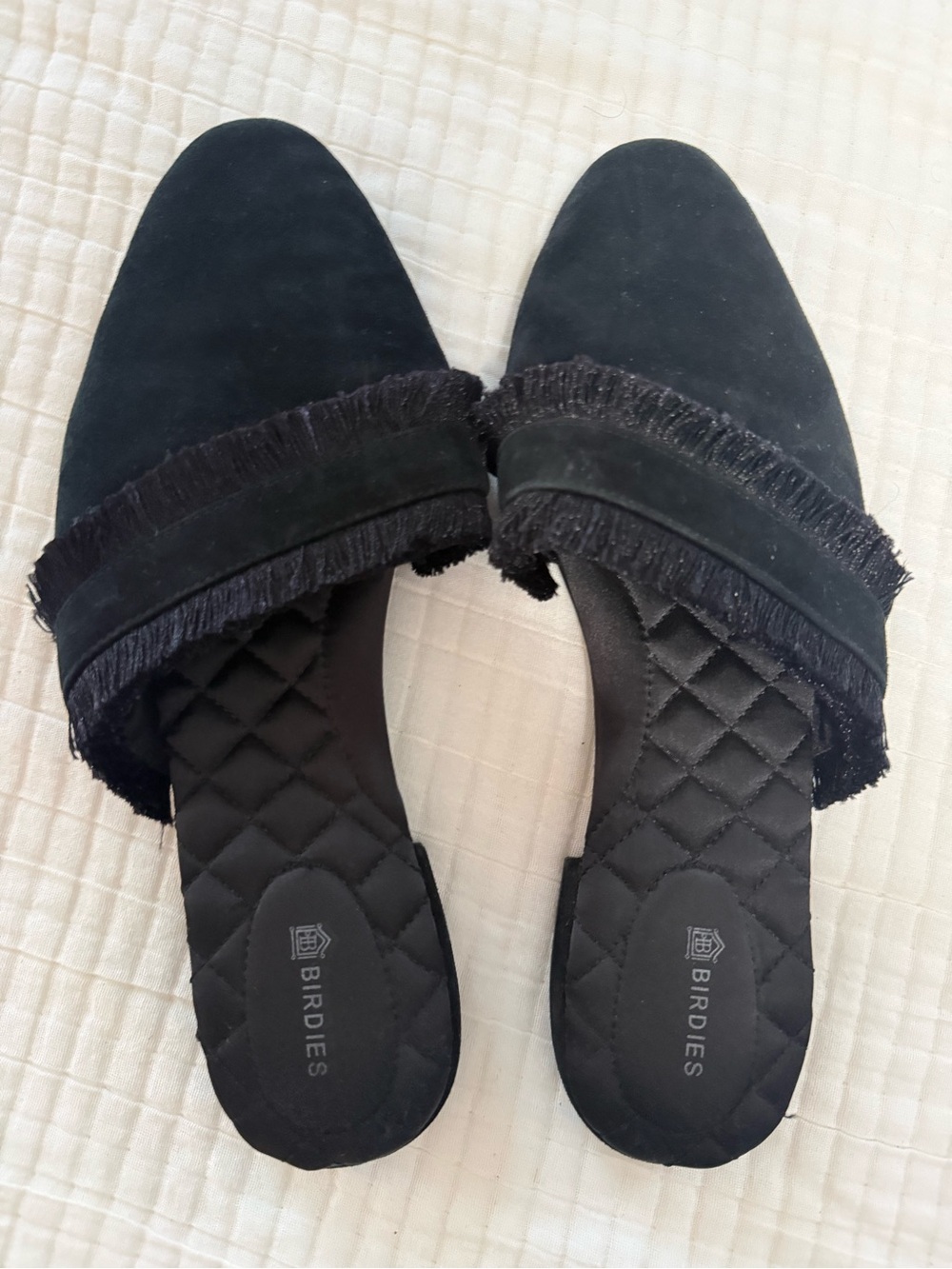 Birdies Black Fringe Slide Mules - size 8